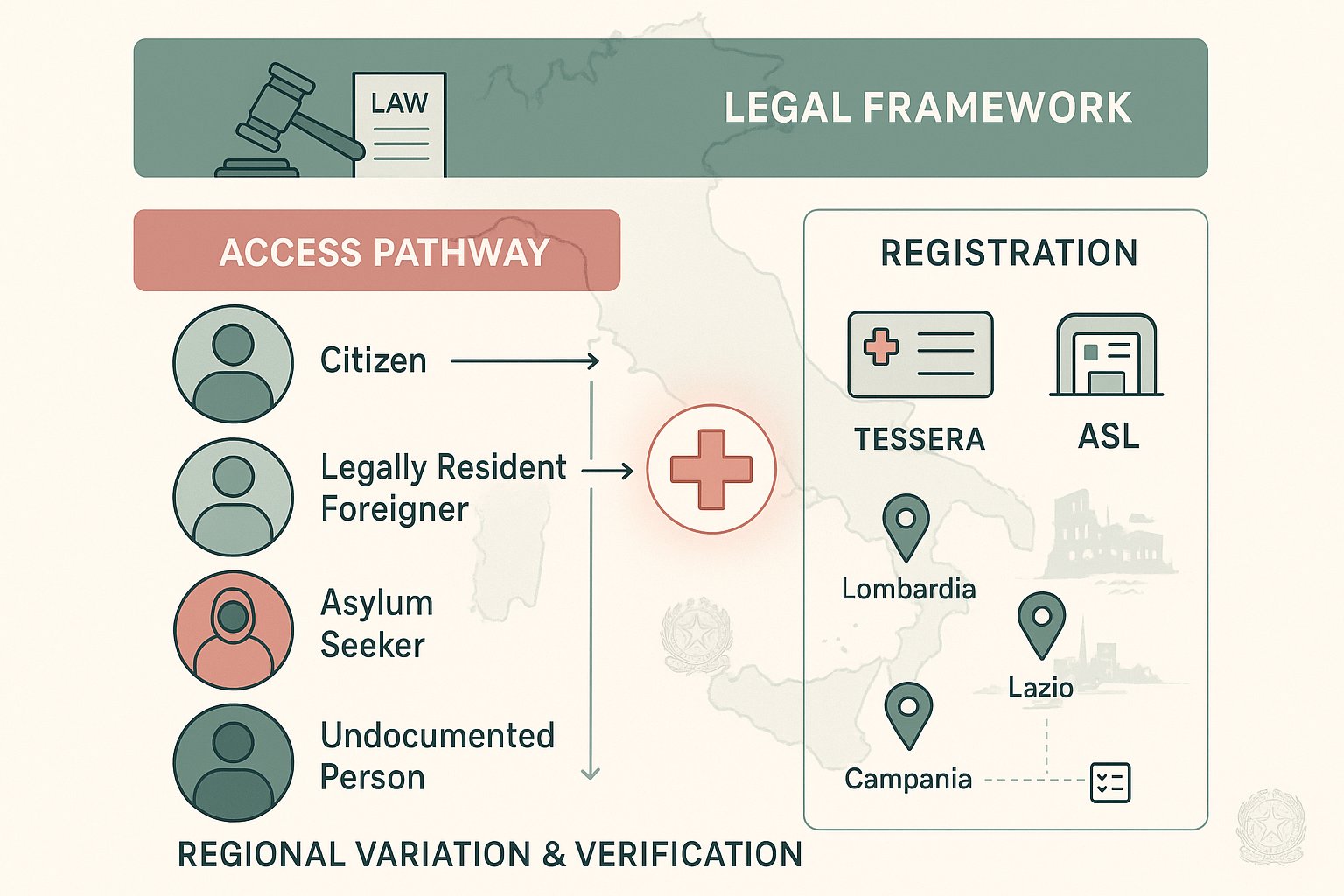 Diagramma che mostra i diritti legali, il flusso di registrazione e la mappa regionale per l'accesso all'assistenza sanitaria in Italia.