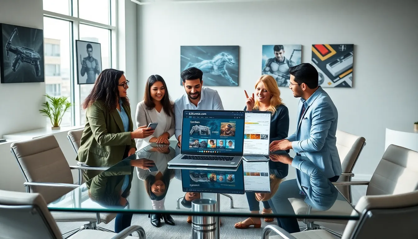 diverse team collaborating on gaming mod development in a modern office.