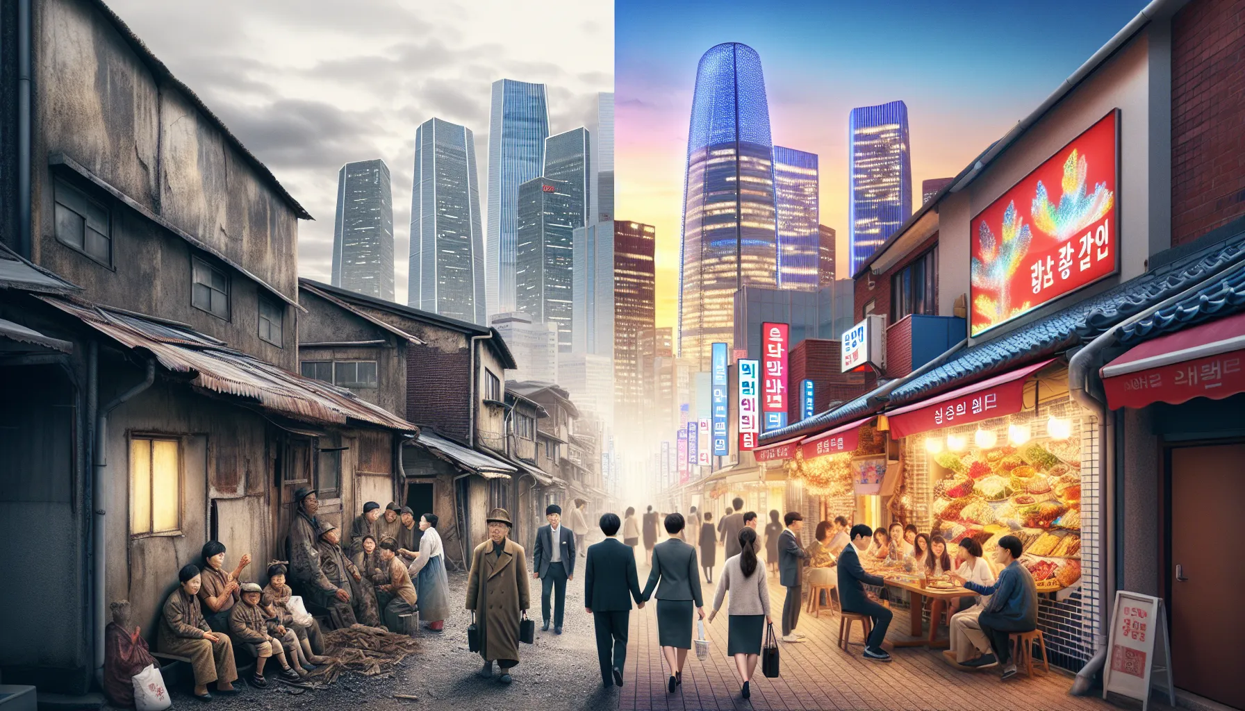 A split image contrasting North Korea's struggles with South Korea's prosperity.