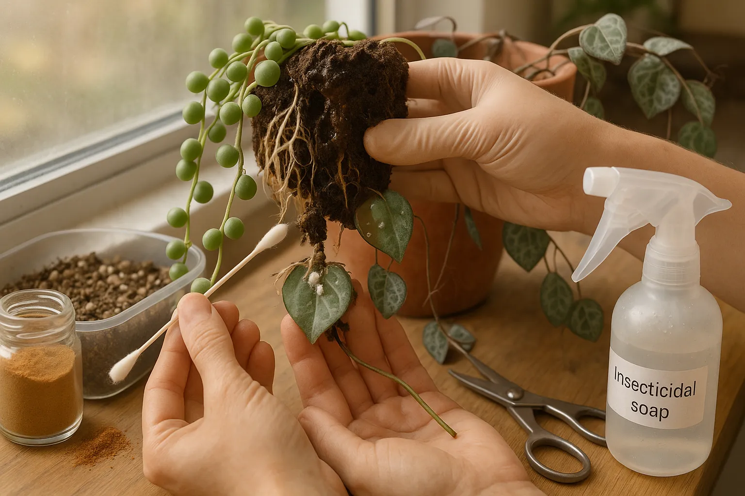 Hands inspecting and treating two trailing houseplants on a sunny windowsill.