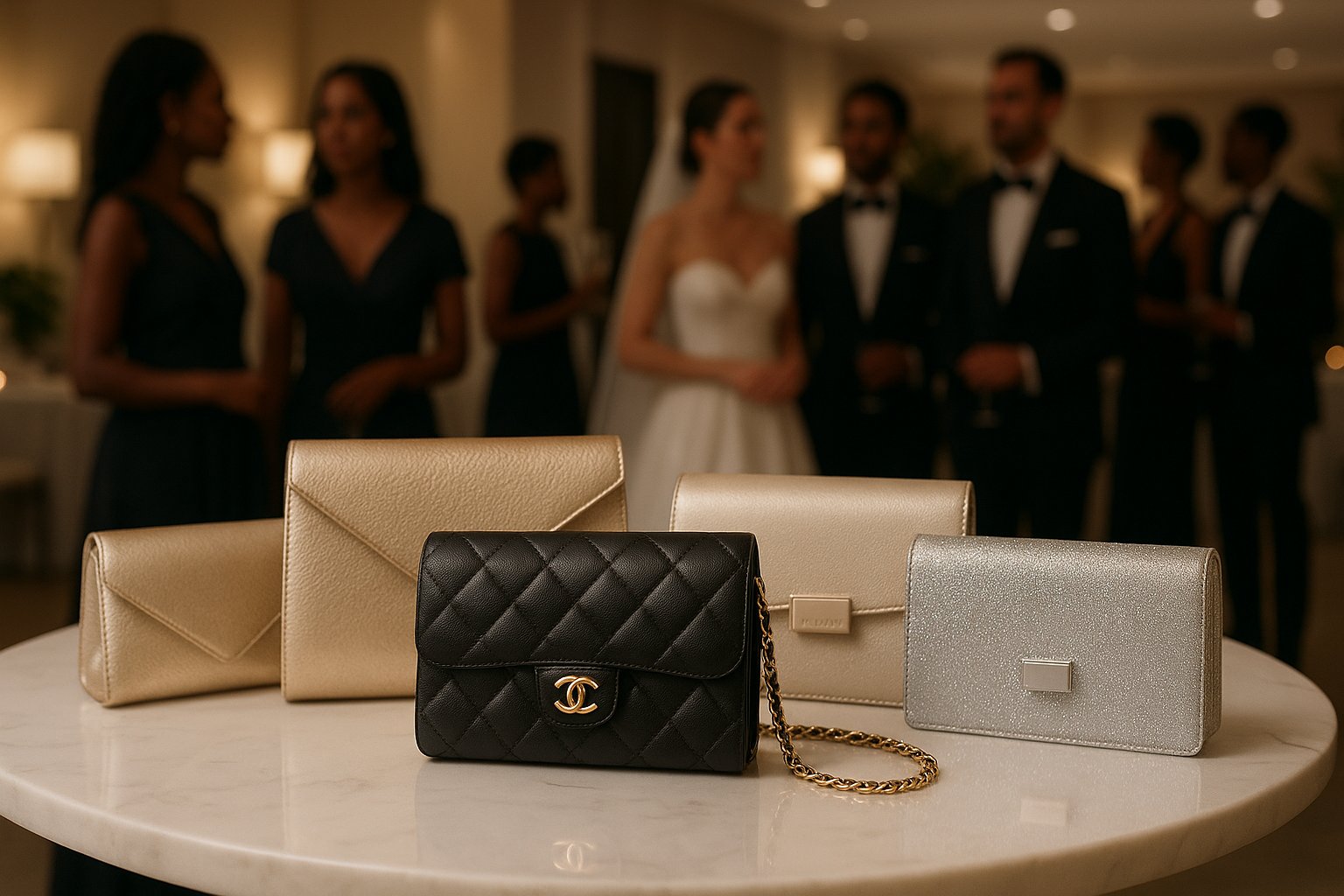 Elegant clutch bags on a marble table at a wedding reception.