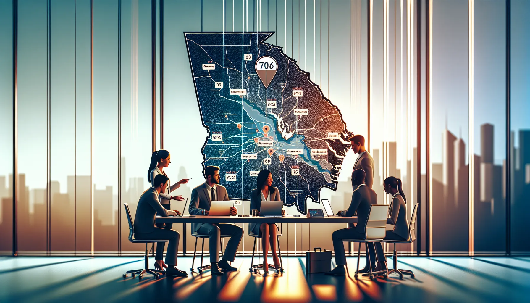 map of the 706 area code in Georgia with professionals discussing.
