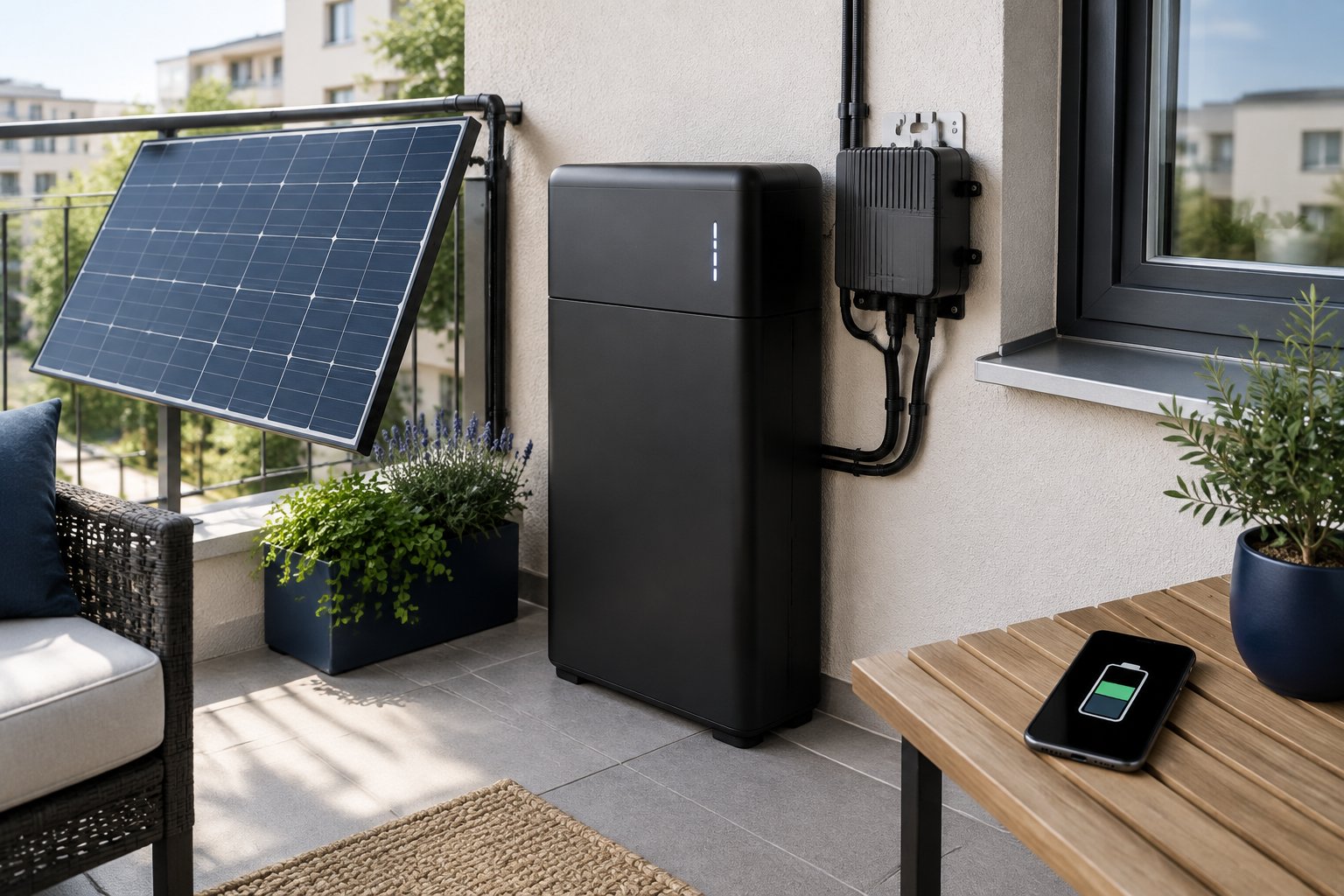 Batteriespeicher neben Smartphone mit schematischer Ladeanzeige