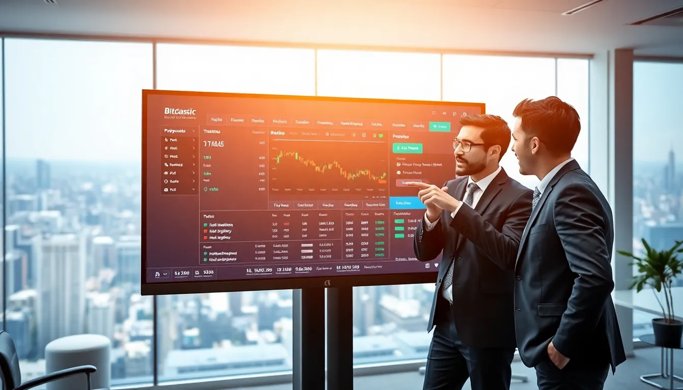 professionals discussing Bitclassic’s user-friendly trading interface in a modern office.