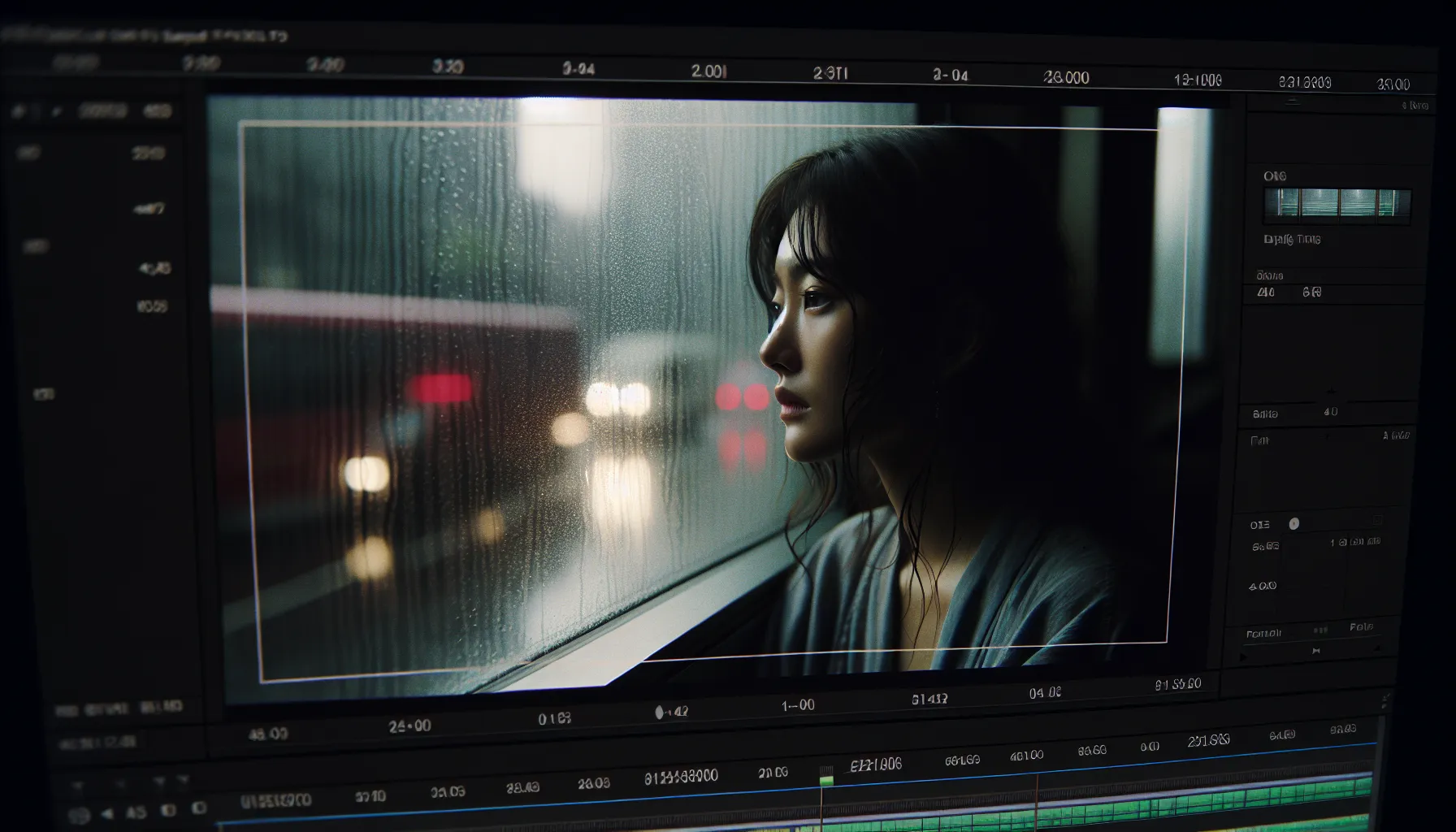 A cinematic frame showing a woman looking out a window on a rainy day.