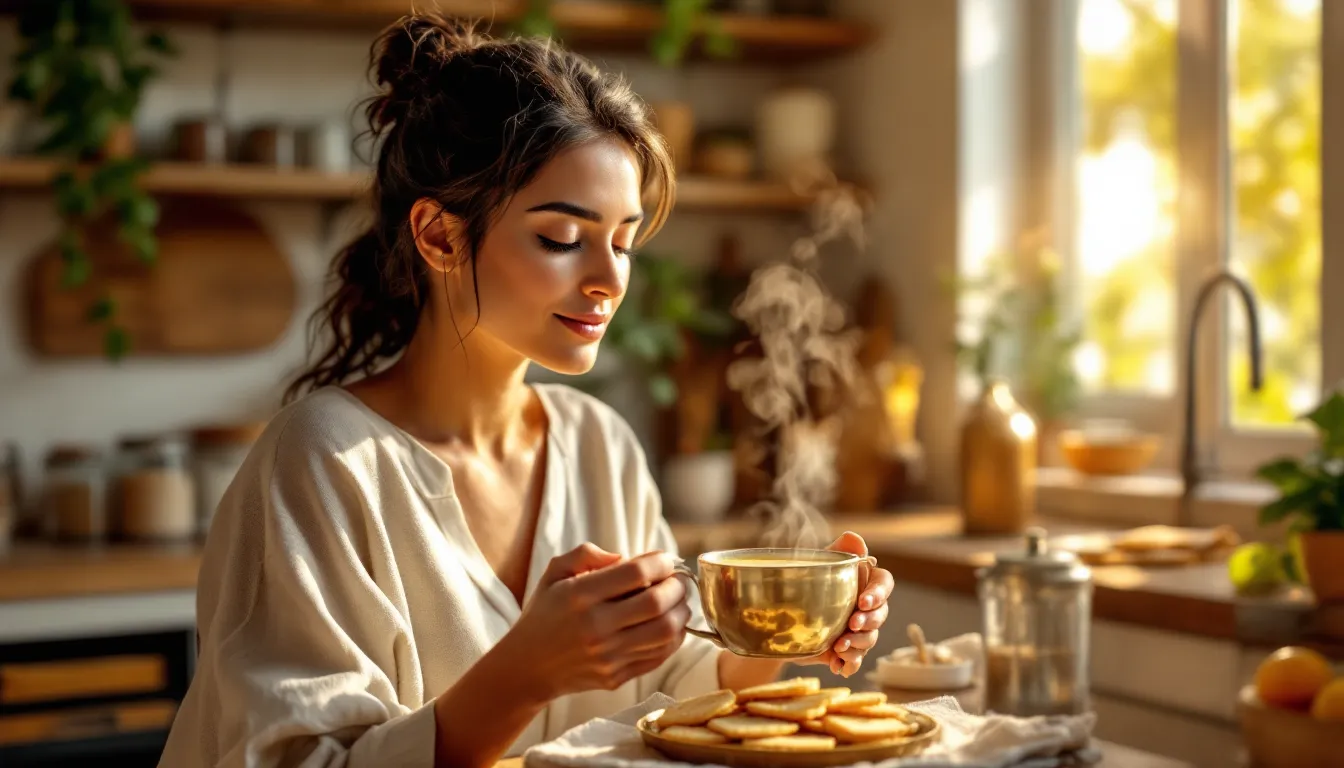 Woman sipping warm golden milk in a sunlit kitchen, embodying Ayurvedic balance.
