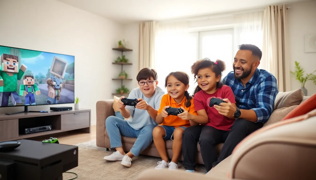 family enjoying console gaming together in a modern living room.