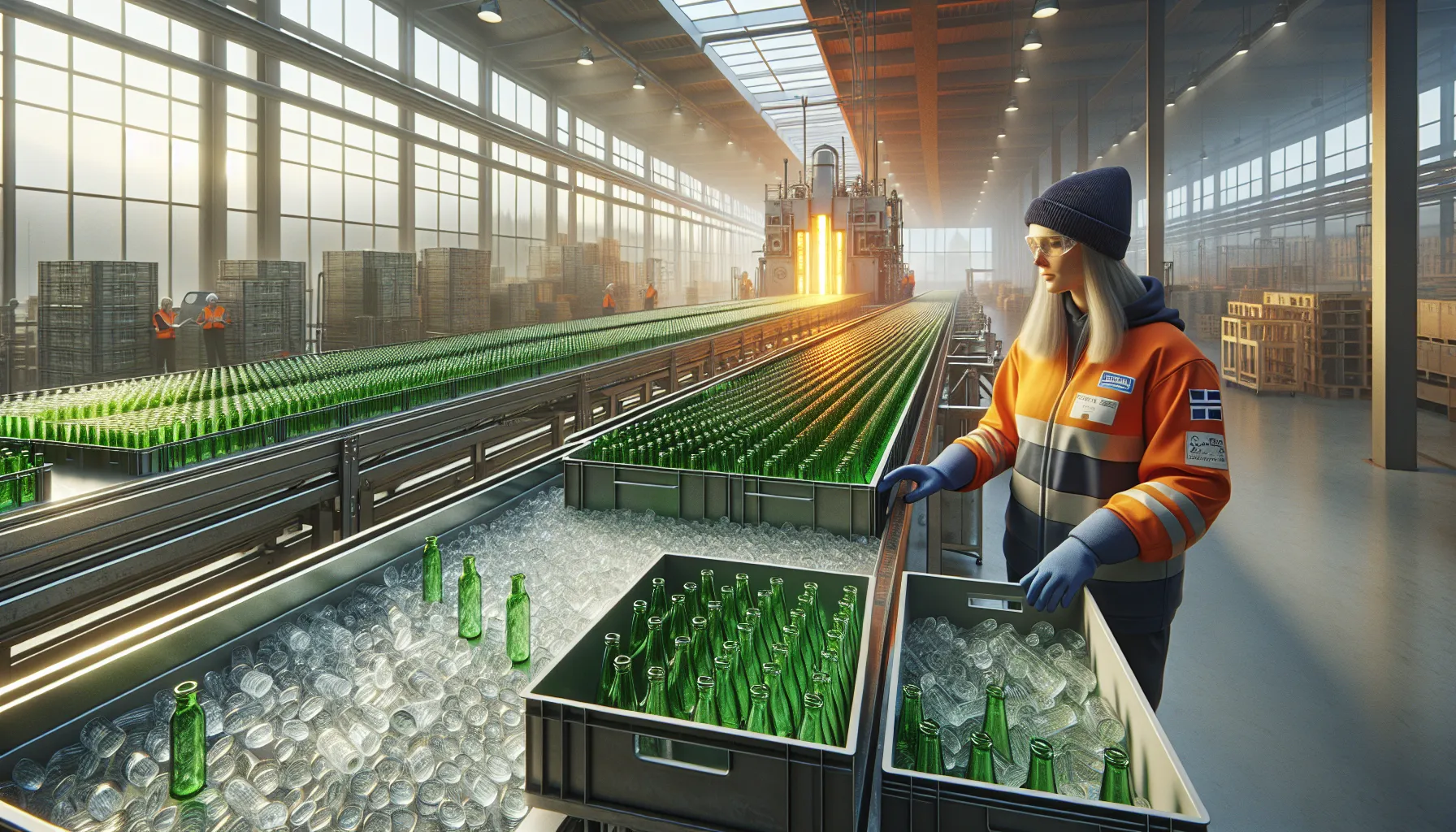 Norwegian technician inspecting clean glass cullet beside glowing bottle production line.