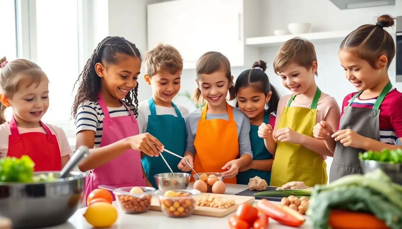 children cooking a protein-rich meal in a bright kitchen.