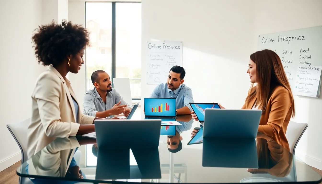 team discussing online presence in a modern office.