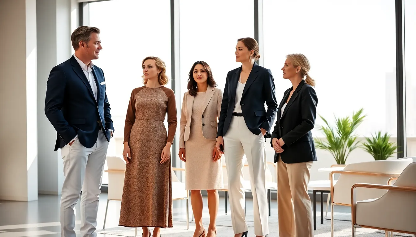 three professionals in modern office showcasing old money fashion.