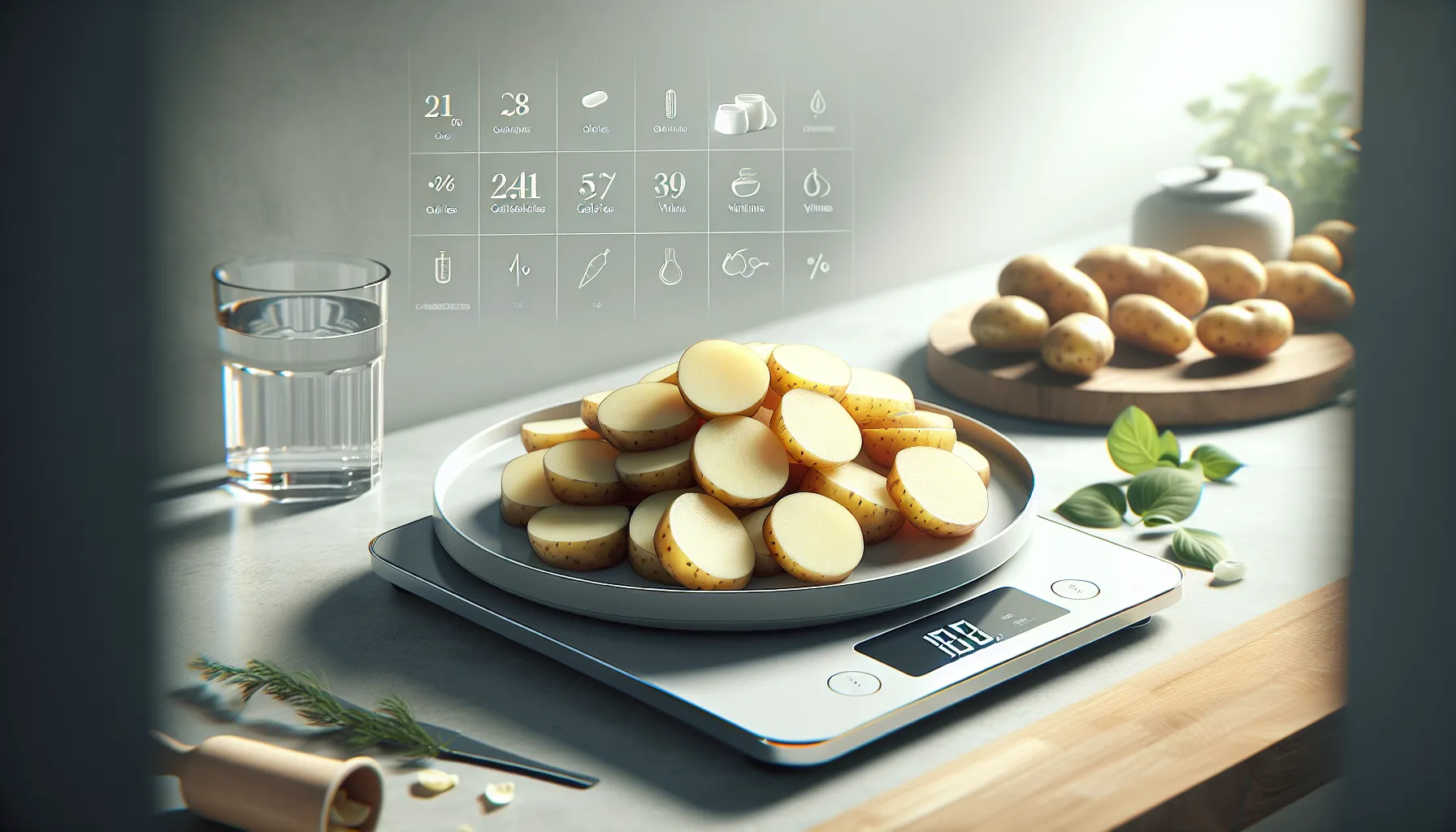 Boiled potatoes on a plate beside a digital scale in a modern kitchen.