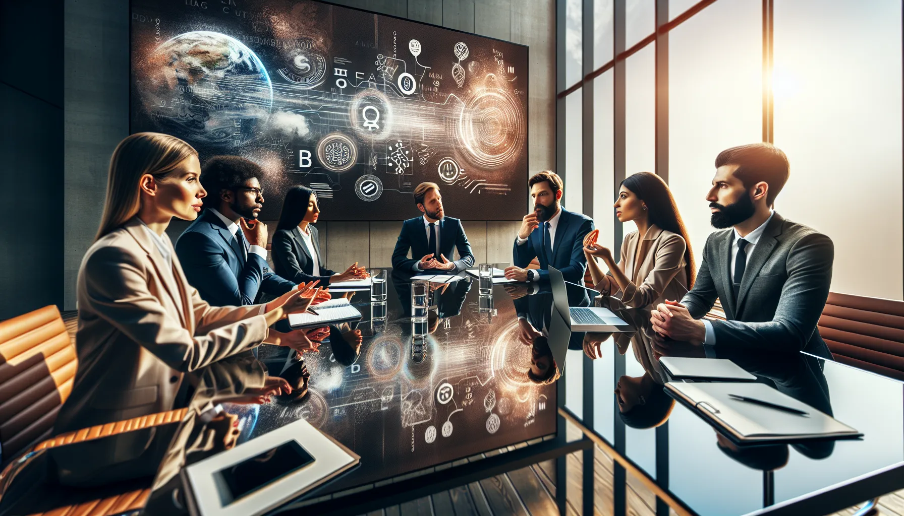 diverse professionals debating cultural expression in a modern conference room.