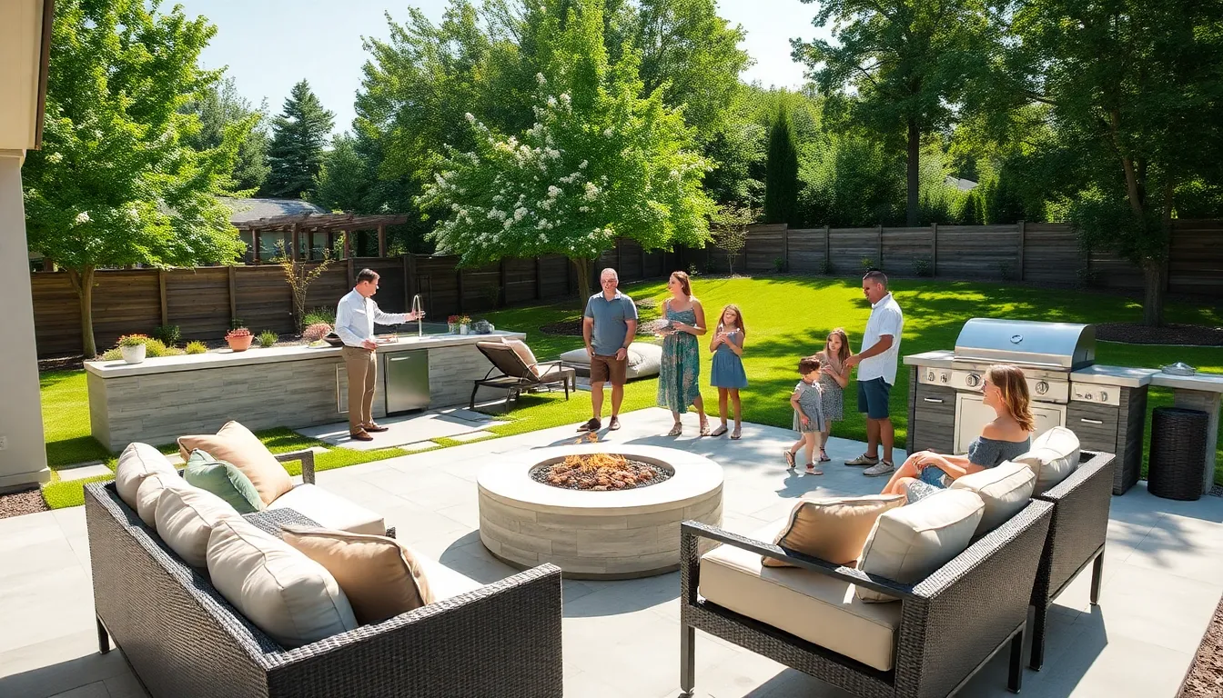 family enjoying a barbecue in a custom outdoor living space.