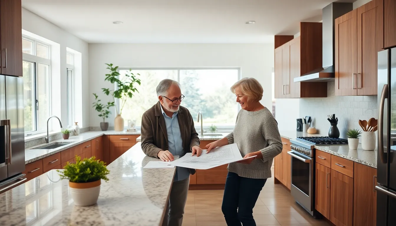 retired couple discussing home remodeling in a modern kitchen.