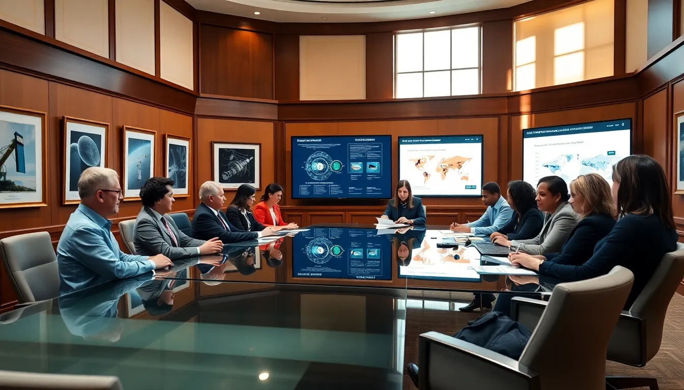 diverse professionals collaborating in a modern congressional conference room.