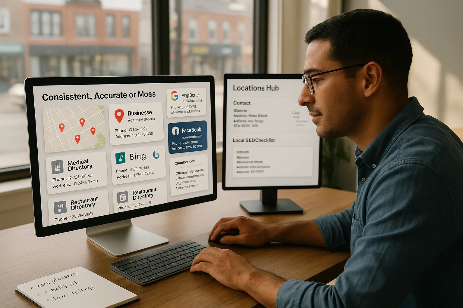 Business owner managing consistent NAP citations across multiple online listing platforms.