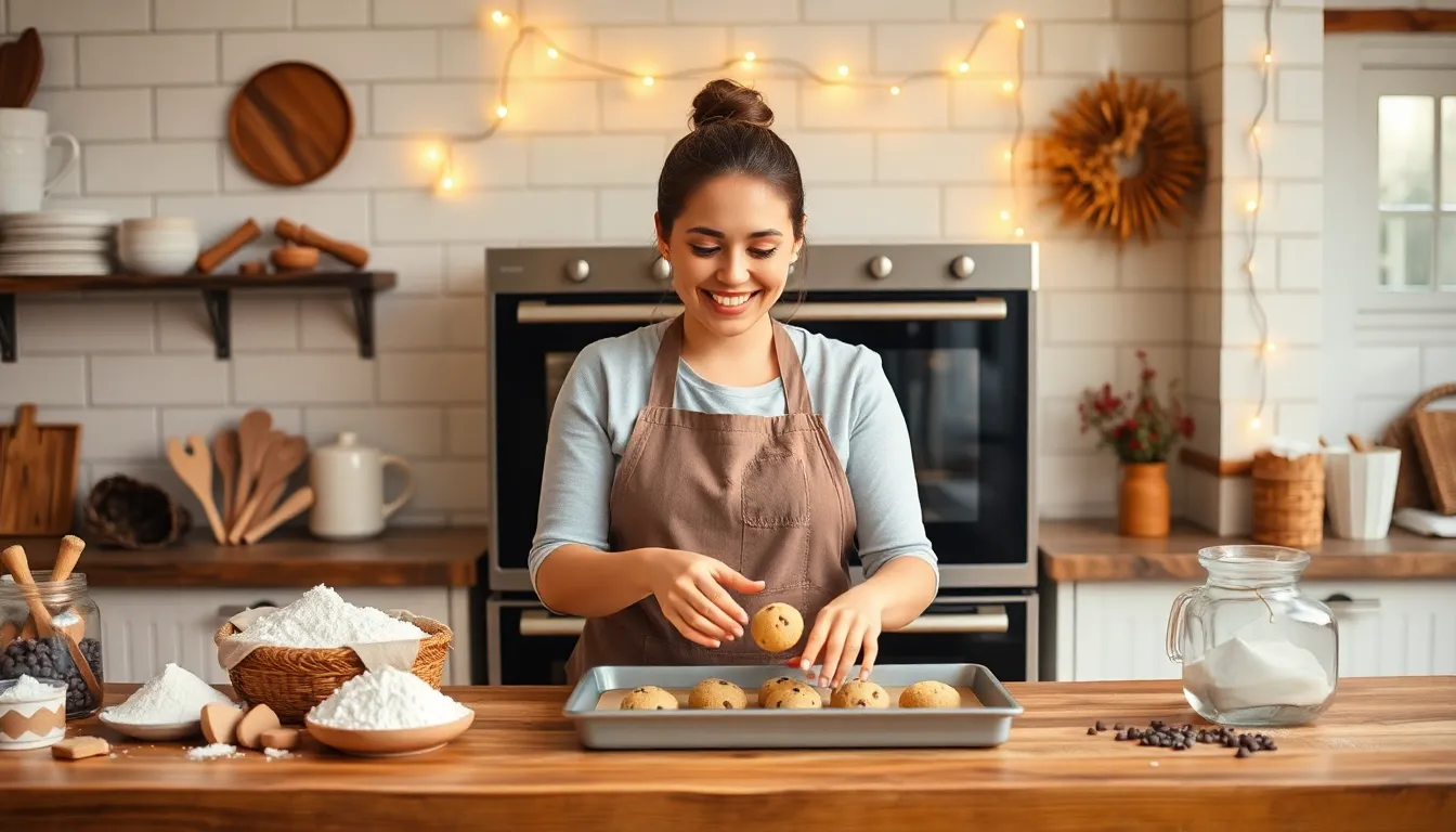 founder preparing cookies in a cozy bakery environment.