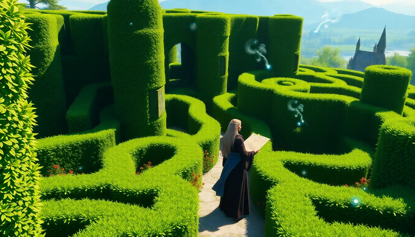 A wizard at a hedge maze entrance, holding a magical map.