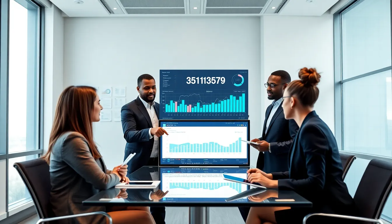 diverse professionals analyzing data in a modern office setting.