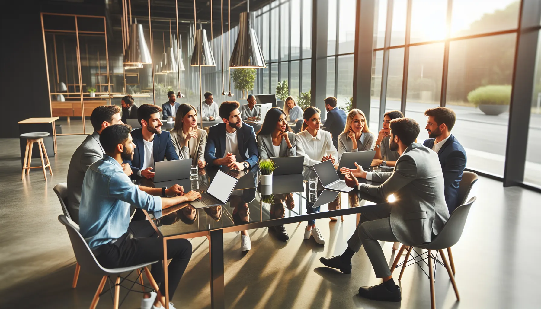 diverse professionals collaborating in a modern office space.