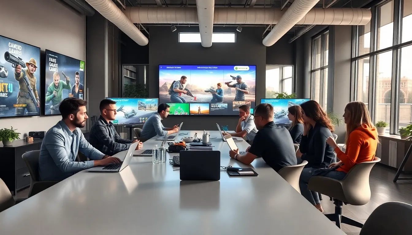 diverse developers collaborating in a modern gaming studio.