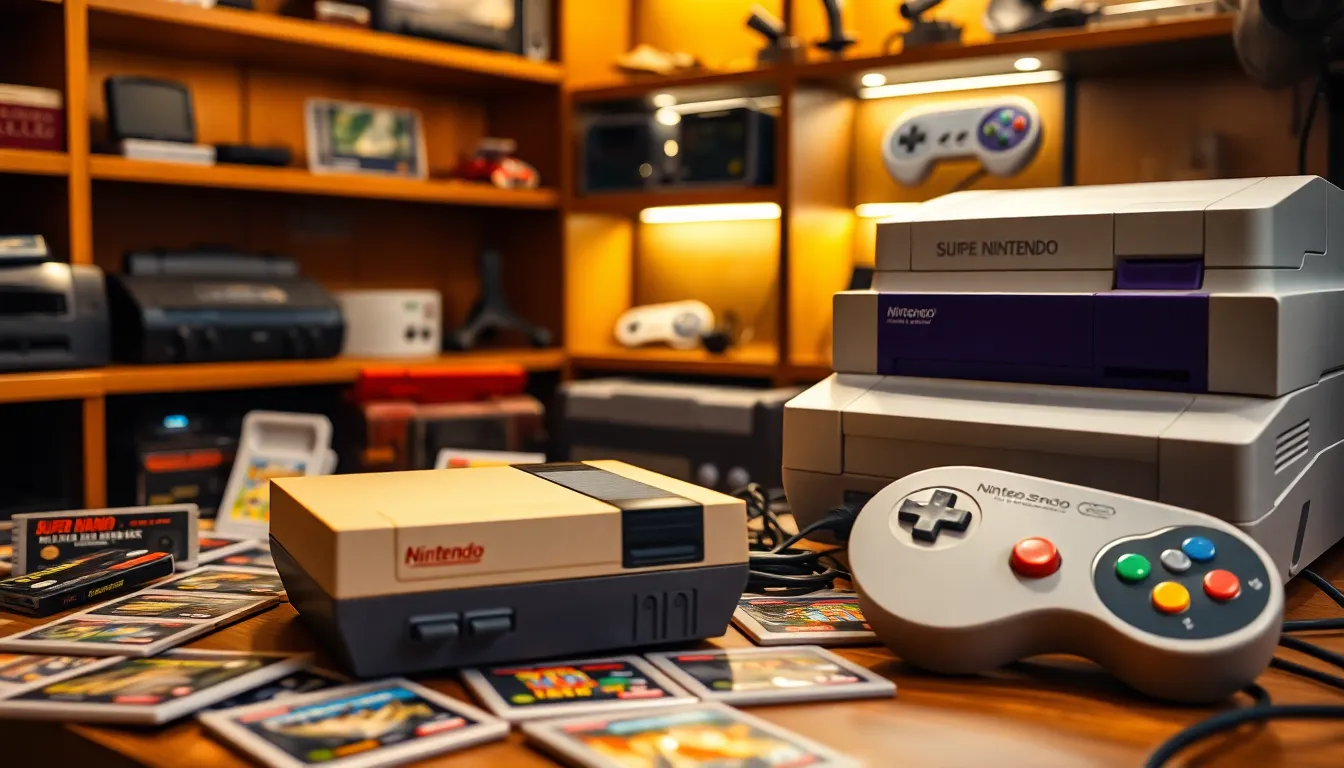 a nostalgic display of classic Nintendo consoles and accessories.