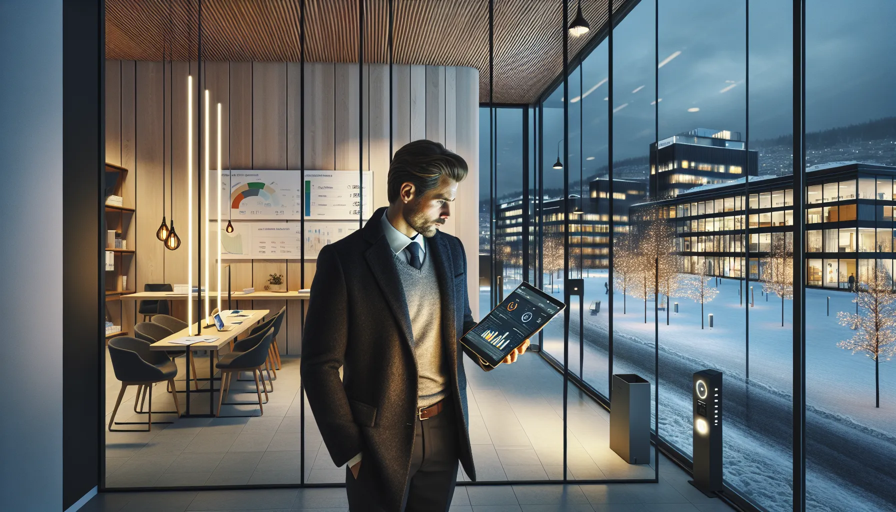 Facility manager checks energy and esg dashboard in a modern norwegian office.