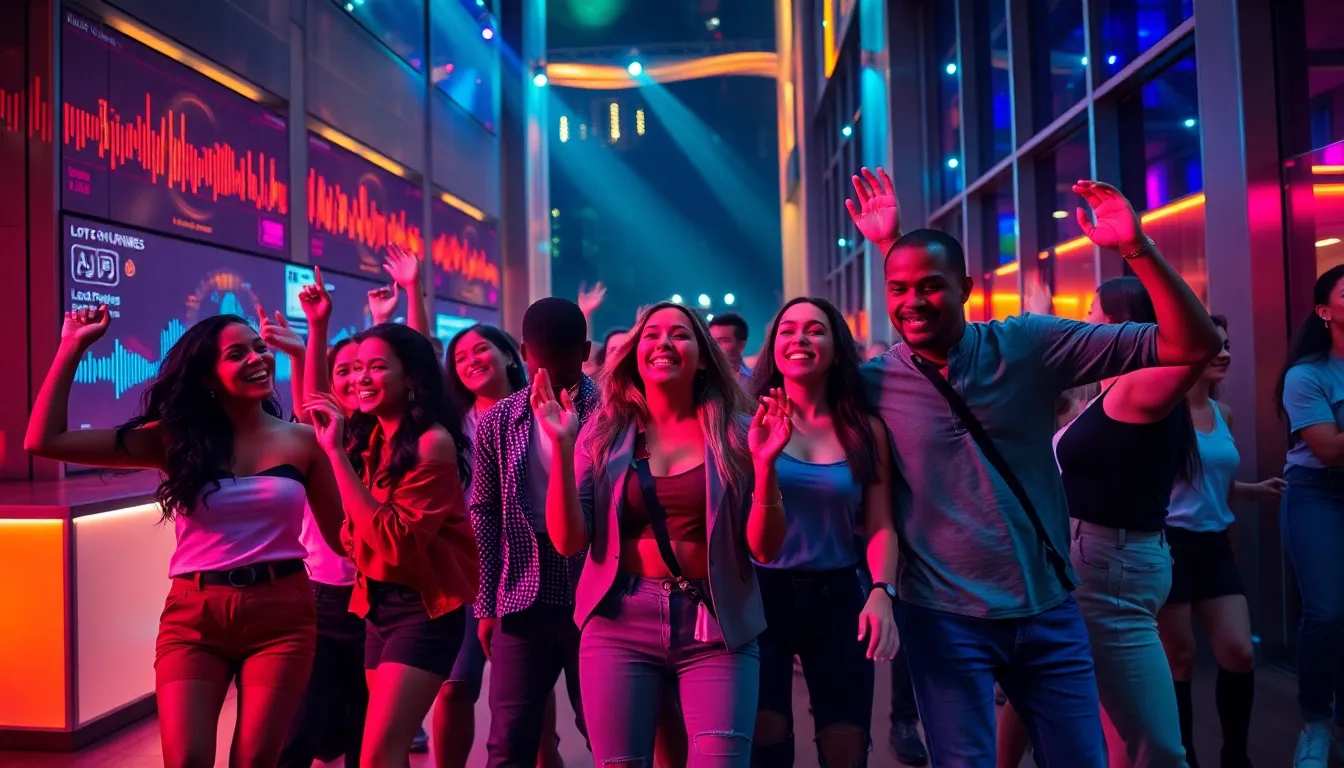 diverse group dancing with energy in a vibrant urban setting.