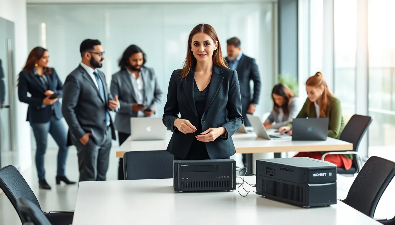 professionals discussing hardware solutions in a modern office.