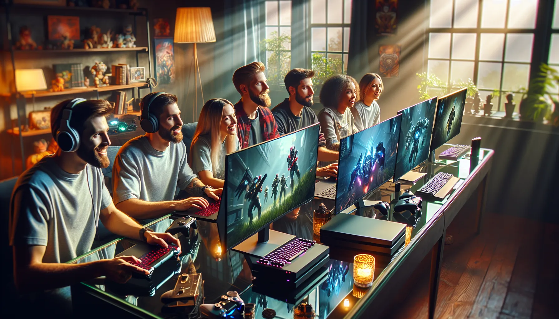 diverse group of gamers enjoying Widdeadvi in a modern living room.