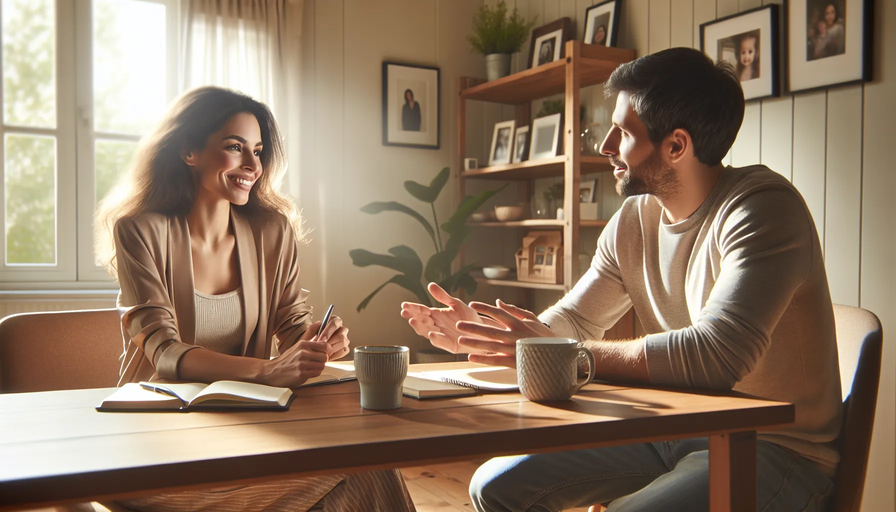 couple discussing family communication at a dining table.