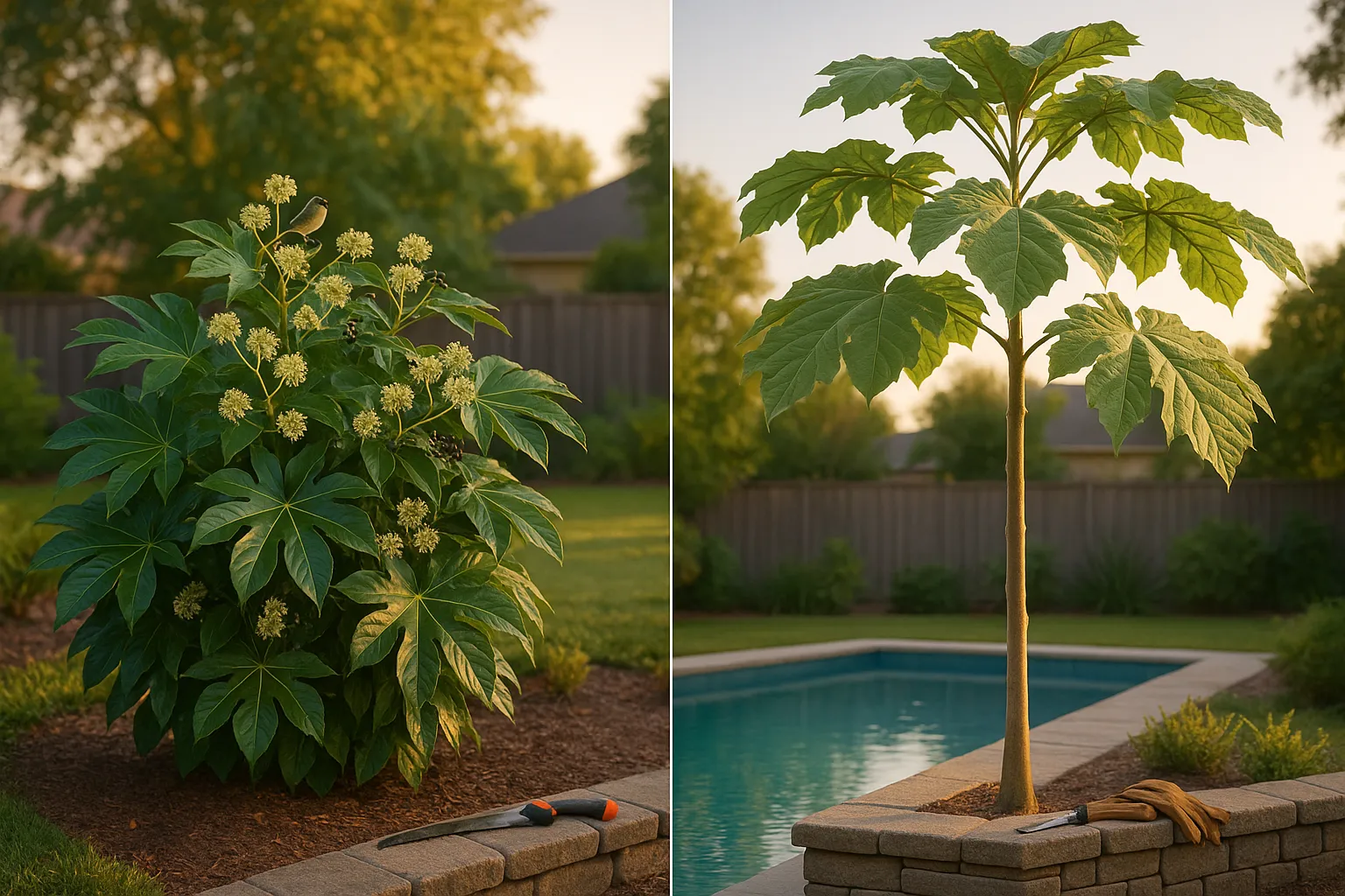 Side-by-side Fatsia clump and taller Tetrapanax with oversized leaves by a pool.