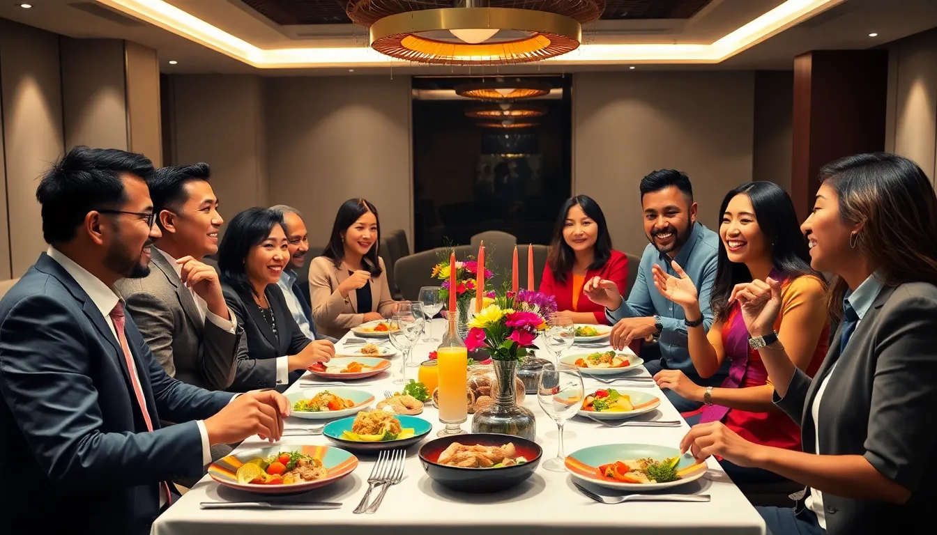 diverse group enjoying a traditional meal in a modern dining setting.