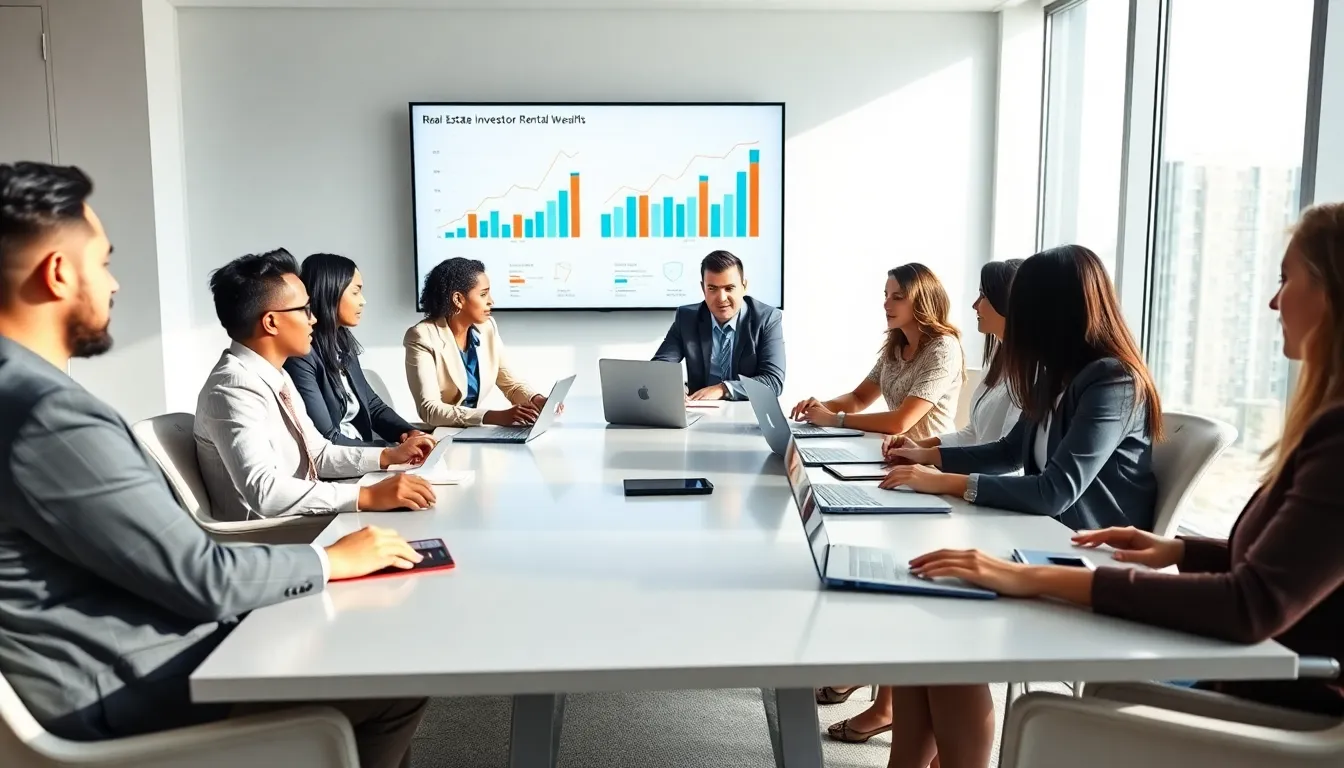 diverse investors discussing rental property investment in a modern office.