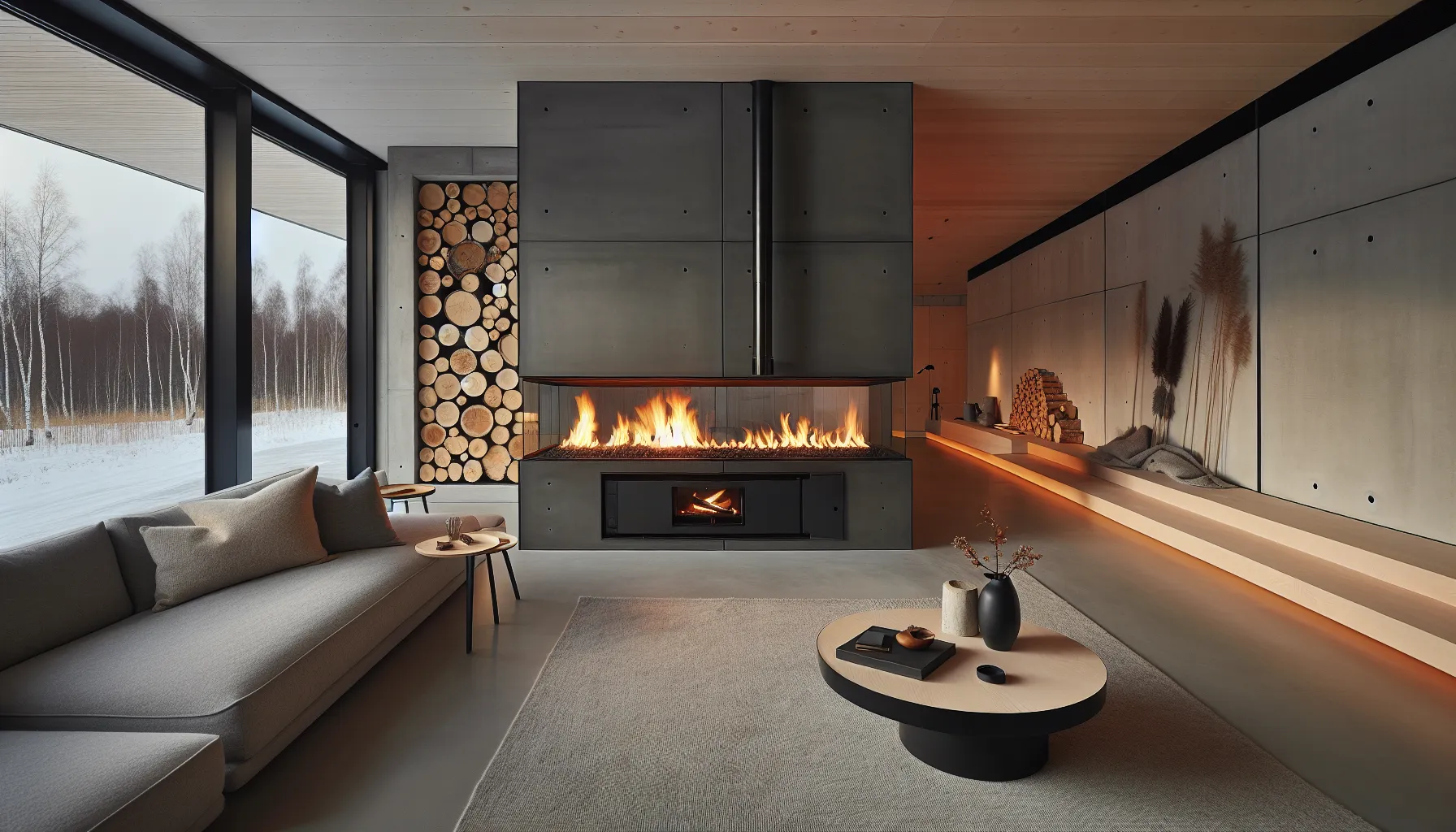 Sleek closed fireplace insert with wood storage, open hearth in norwegian home.