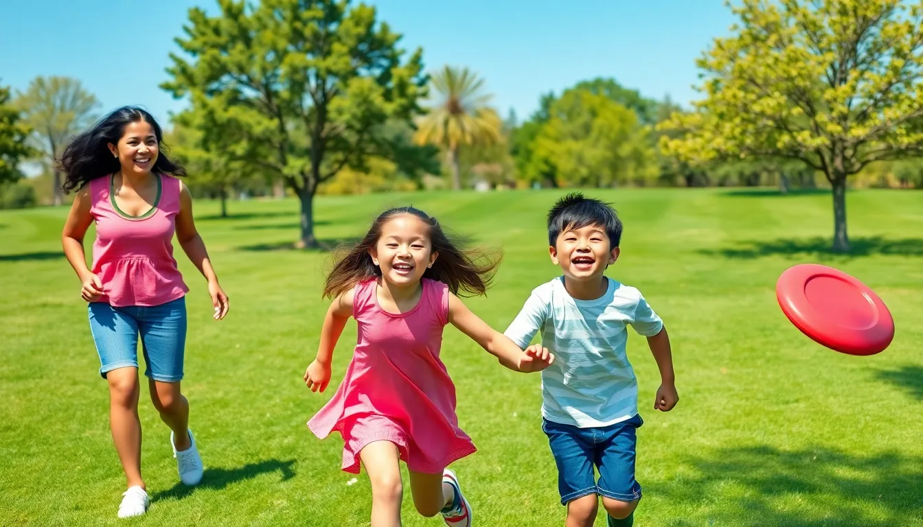 a diverse family playing outdoors, enjoying games in a park.