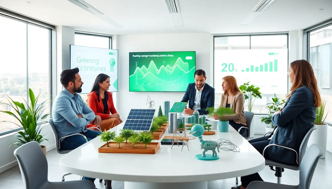 professionals discussing green tech innovations in a modern office.