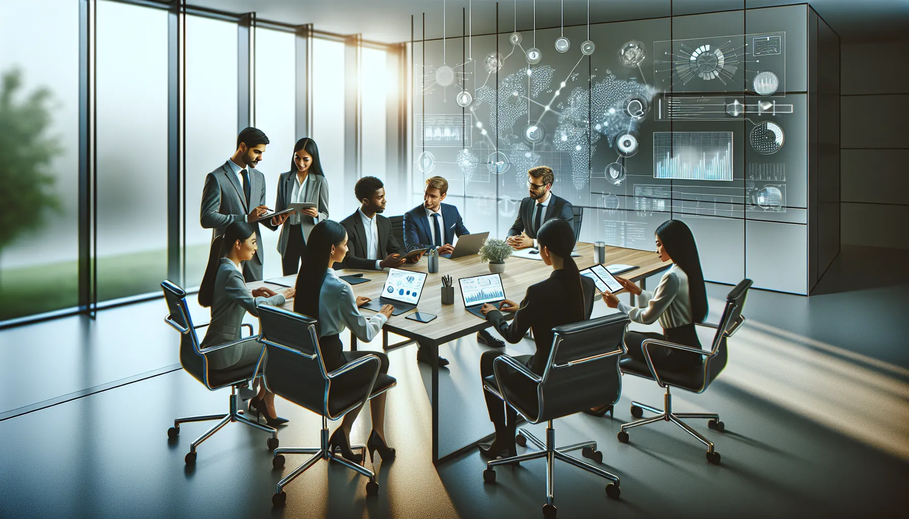 diverse team collaborating in a modern workspace regarding technology solutions.