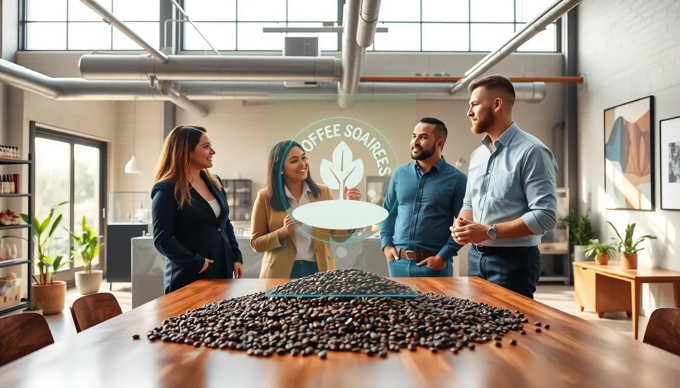 diverse team discussing sustainable coffee practices in a modern roastery.