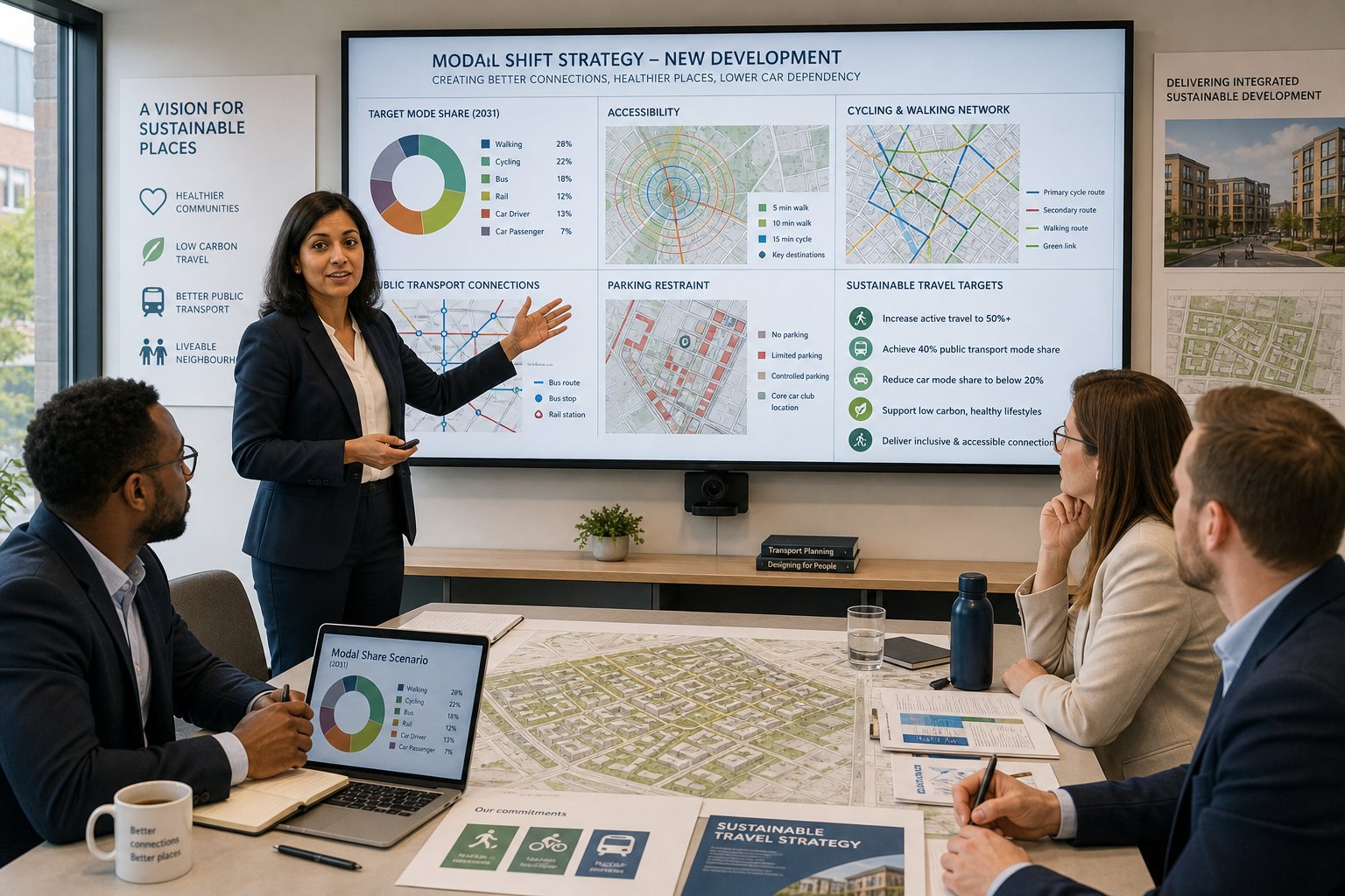 Transport consultants reviewing sustainable travel plans for a UK development.
