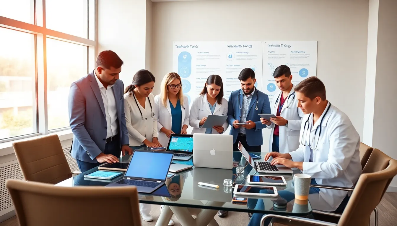 diverse healthcare team working with mobile health applications in a modern office.
