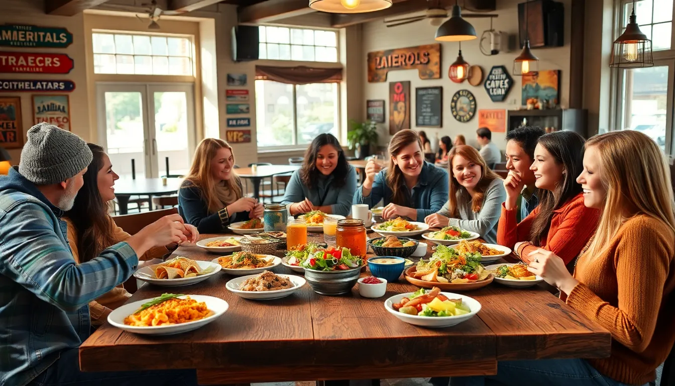 diverse travelers sharing meals at a rustic cafe table.