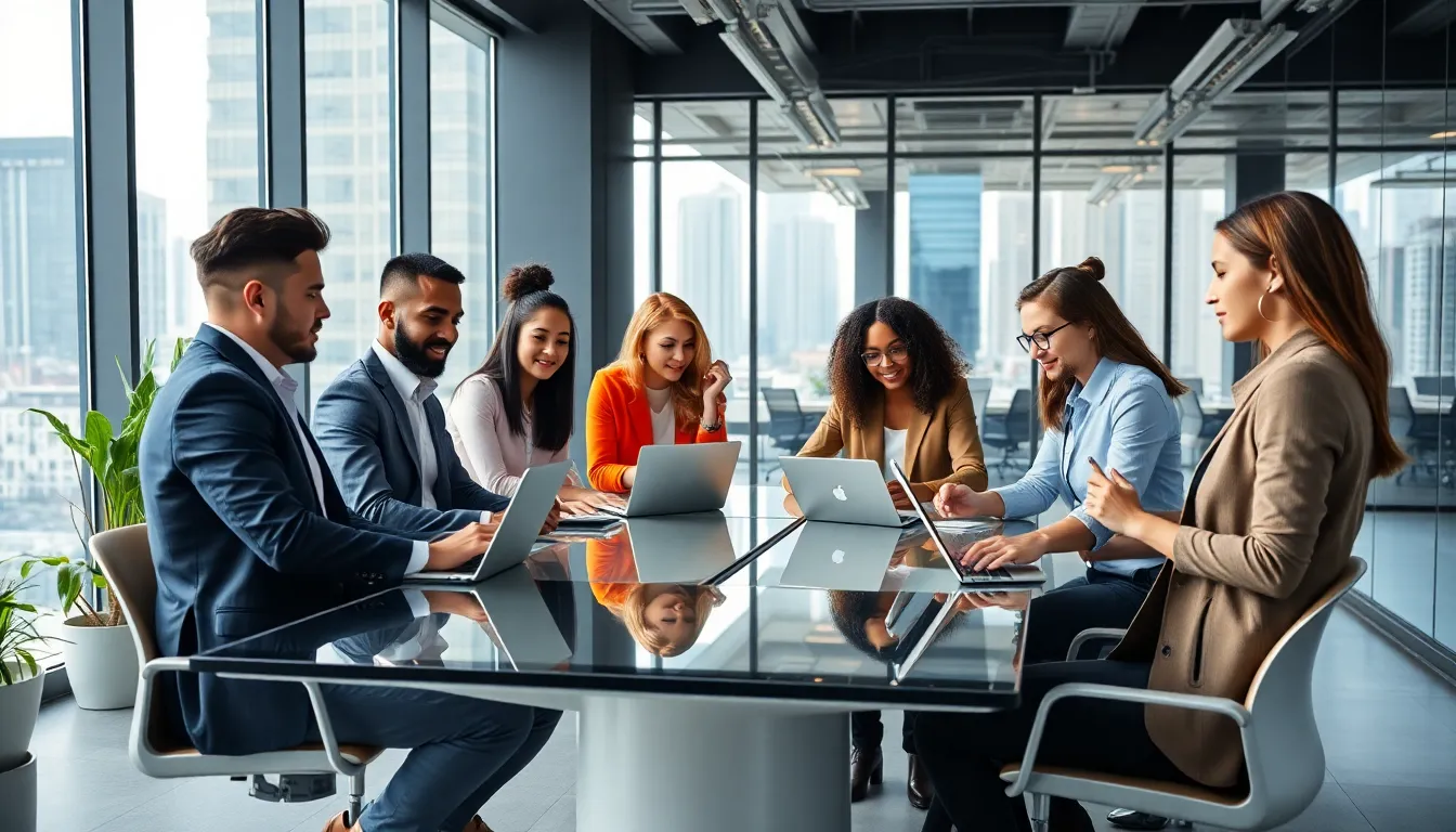 diverse team collaborating in a modern office setting.