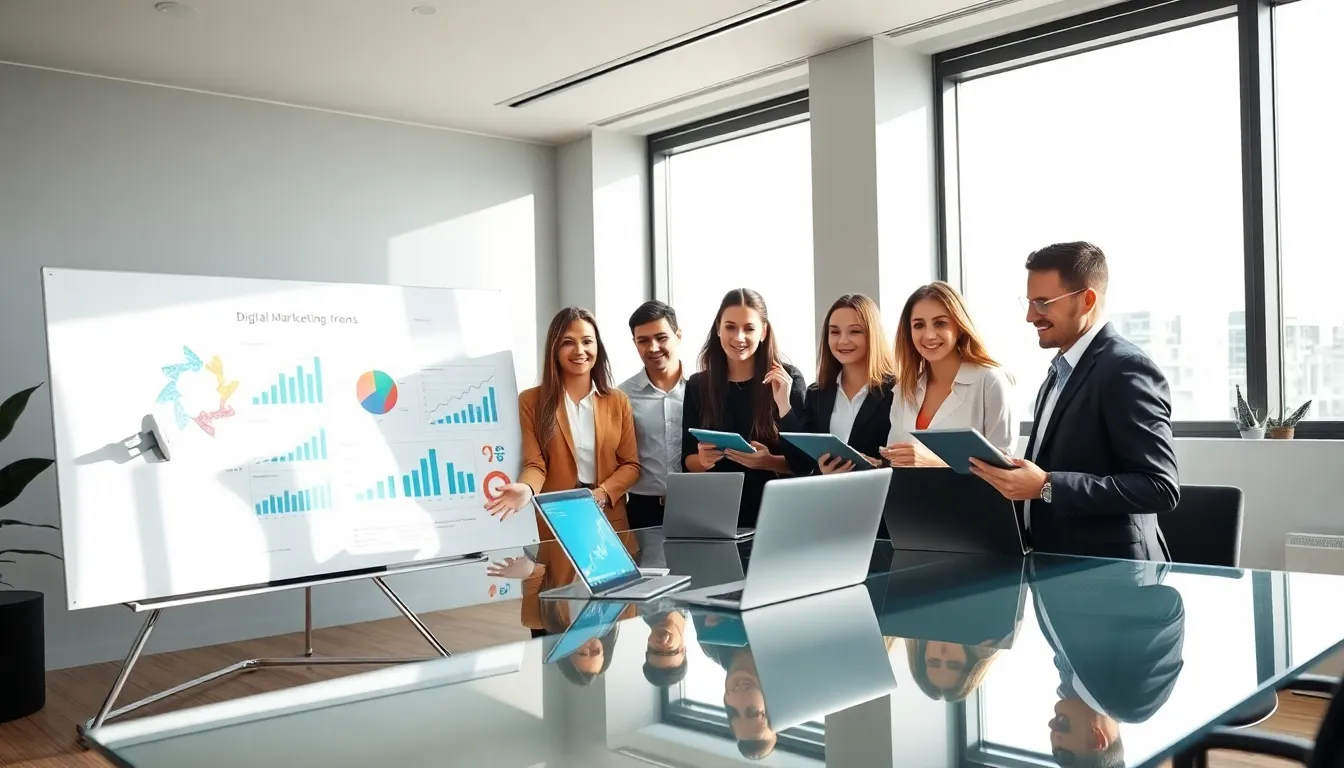 diverse professionals collaborating on digital marketing insights in a modern office.