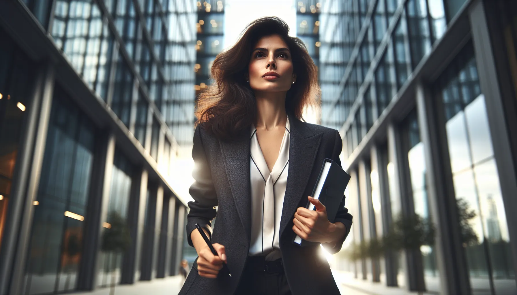 A determined woman walking in a modern city, symbolizing resilience and ambition.