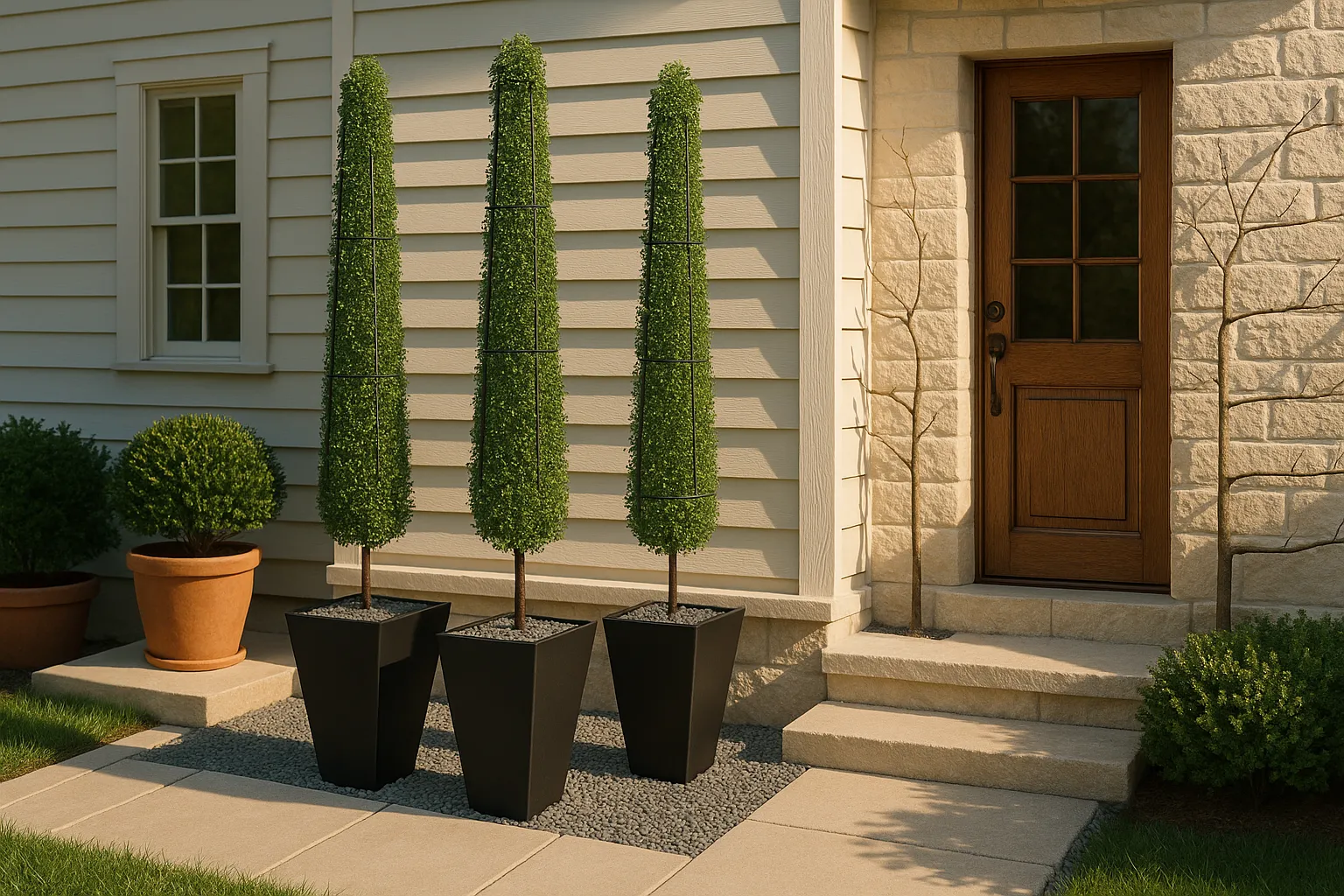 Three column metal topiaries with potted hollies by a cottage entrance.