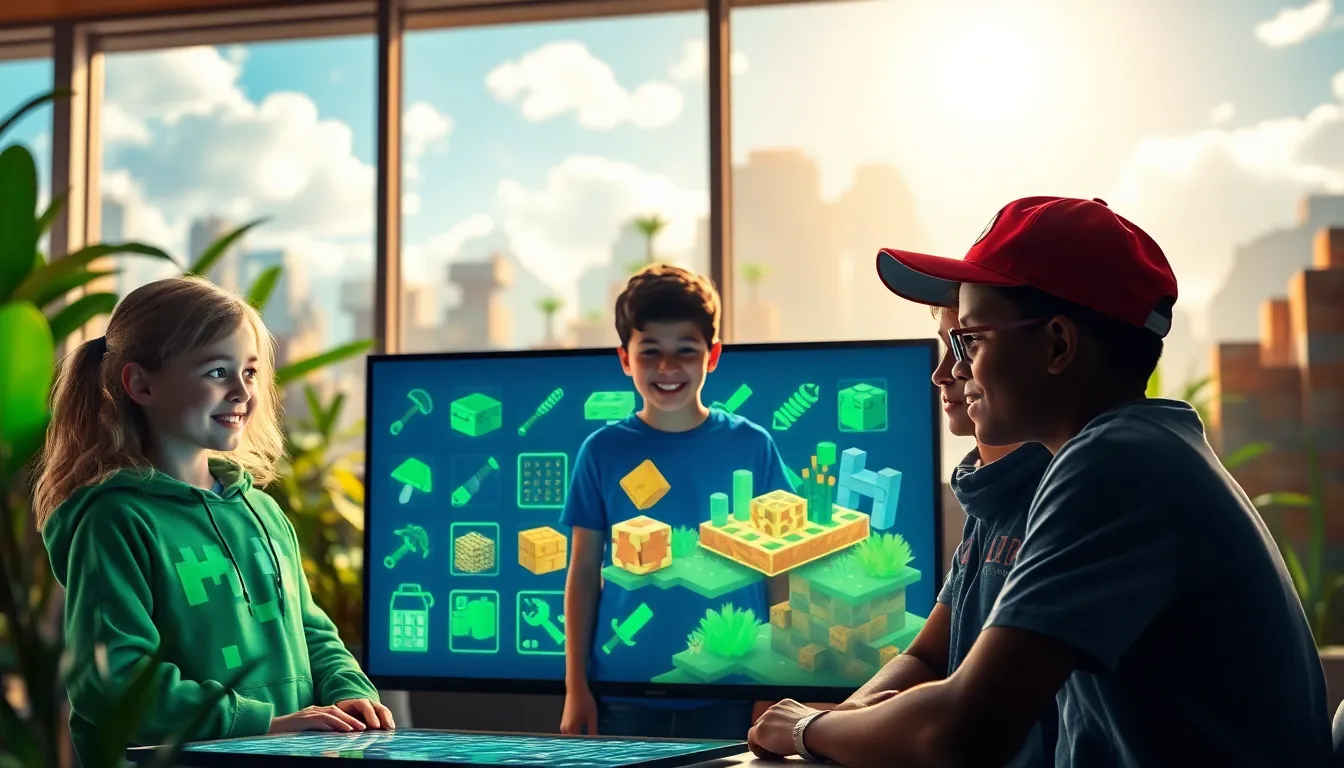 three diverse Minecraft players collaborating on a digital workspace.