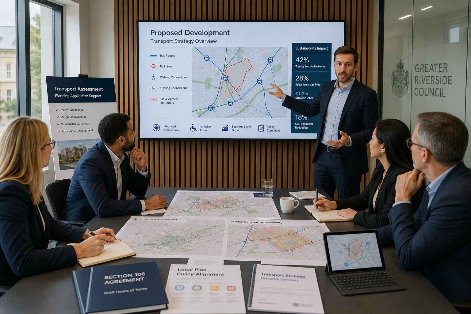 Consultants presenting a public transport planning strategy in a modern UK meeting room.