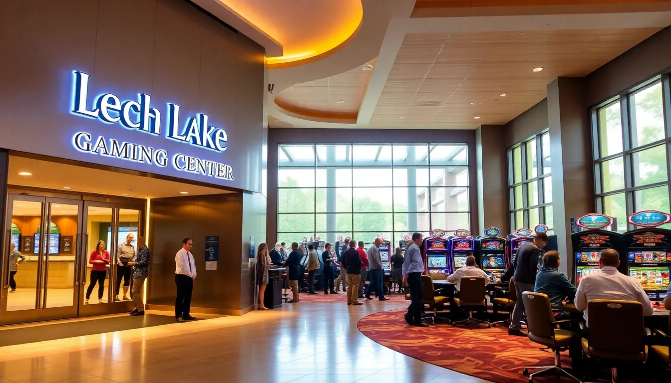 Leech Lake Gaming Center entrance with diverse patrons enjoying gaming activities.